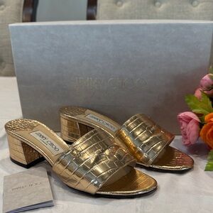 Authentic Jimmy Choo Gold Croc-Pattern Mules